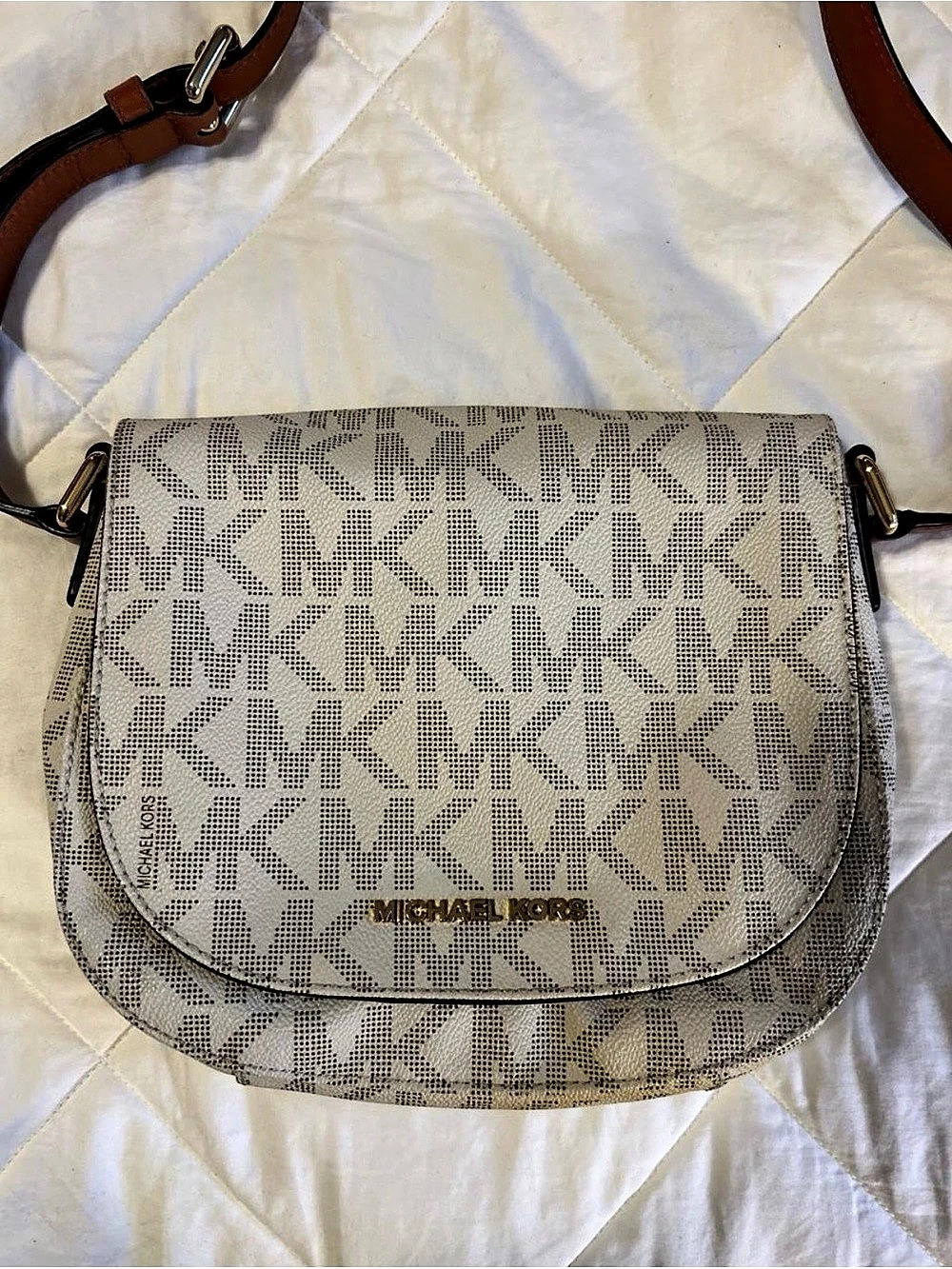 Michael Kors Emilia Small Signature Logo Saddle Crossbody Bag White & Brown